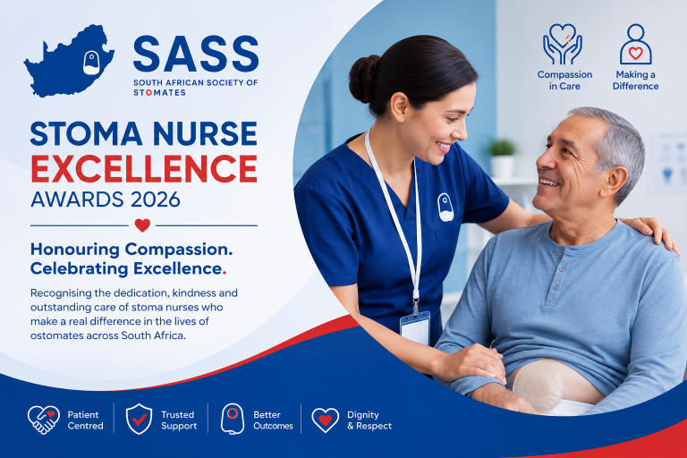 A stoma nurse supporting and comforting an ostomate during a consultation as part of the SASS Stoma Nurse Excellence Awards 2026 campaign.