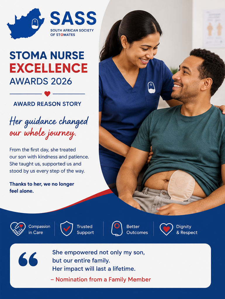 SASS Stoma Nurse Awards graphic showing a stoma nurse supporting and comforting an ostomate patient during recovery.