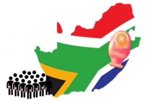 Map of South Africa highlighting challenges in ostomy care access, with patients and a stoma pouch representing public healthcare realities